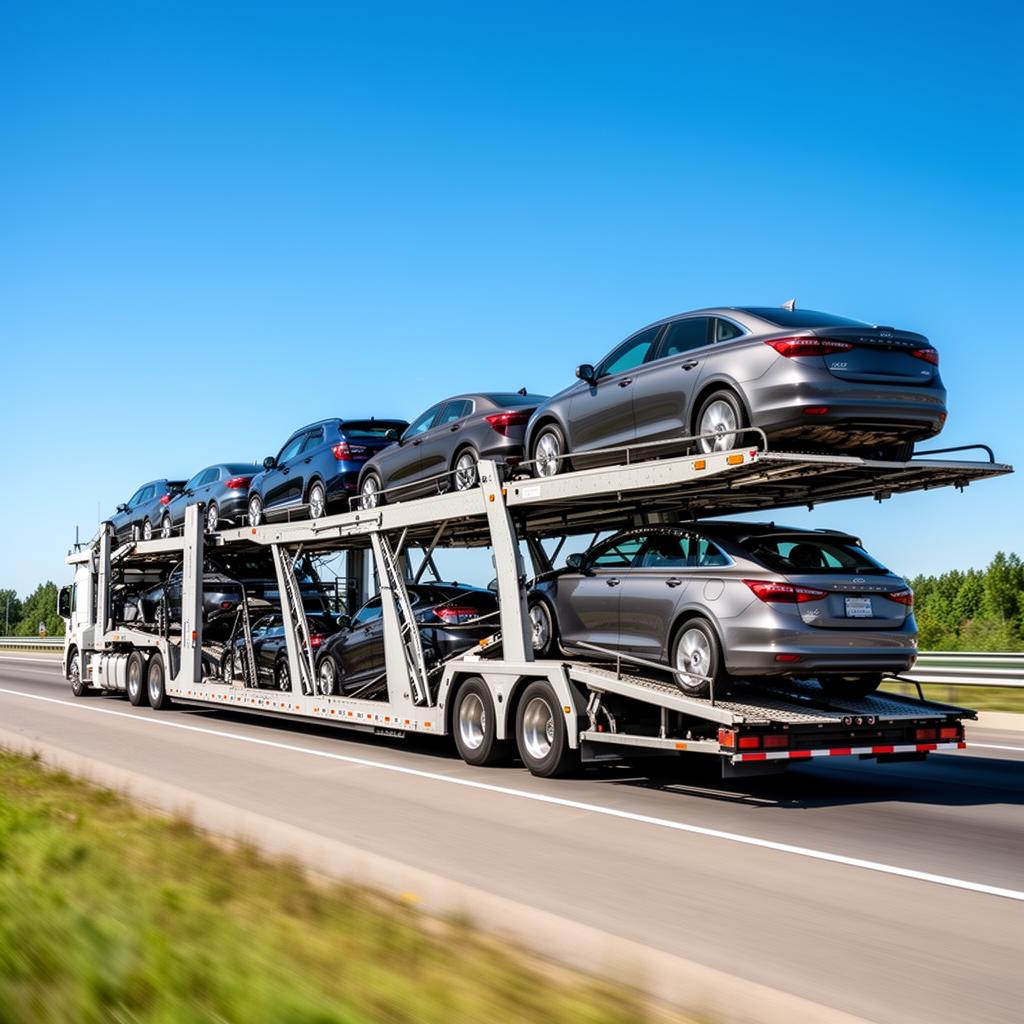 Open auto transport carrier hauling multi-level sedans and SUVs